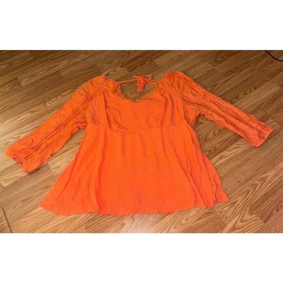 Torrid Orange Swiss Dot Lace Detail 3/4 Sleeve Tunic Blouse Size 1 - Picture 4 of 11